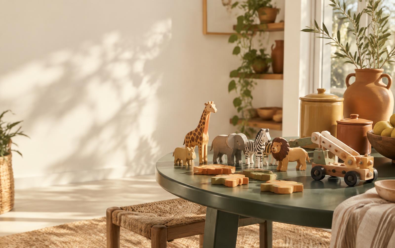 A warm home scene with illustrative wooden toys and kitchen containers